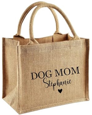 AWASG Geschenktasche mit Spruch - Jutetasche personalisiert mit Name - Tasche Baumwolle Jute Geschenkverpackung (Motiv Dog Mom, M (30 x 30 x 19 cm))