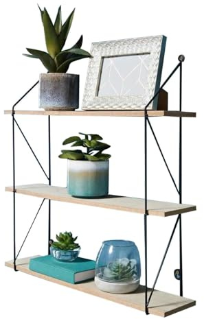Kiswa collection 3-Tier Floating Wall Shelves Wall-Mounted Wooden Shelving Unit with Black Wire Frame, Bookcase Hanging Shelves for Bedroom Living Room Office (Black, 3 Tier)