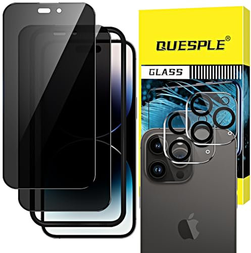 QUESPLE Privacy Screen Protector for iPhone 14 Pro Max 6.7-Inch with Camera Lens Protector, Black Edge Anti Spy Tempered Glass Film with Easy Installation Tool, Case-Friendly, 2+2 Pack