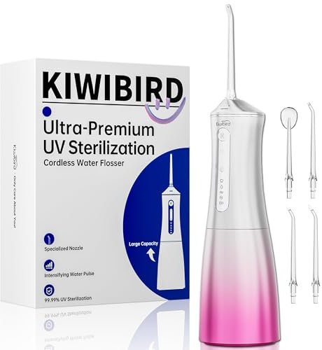 KIWIBIRD Wasser-Zahnseide mit UV-C-Desinfektion, kabellose Munddusche, 3 Modi und 4 Spitzen, 300 ml BPA-freier Tank, 40-120 PSI tragbarer Zahnreiniger für Plaque, Zuhause und Reisen (Pink Ombre)