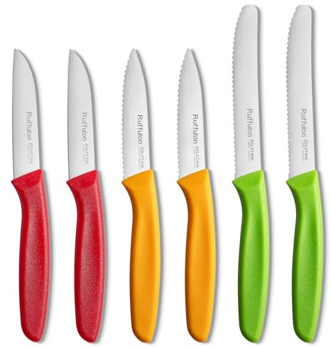 Ruffulon Paring Knife Set of 6,Fruit Knife Small,Premium Vegetable Knifes,Sharp Kitchen Knife Sets,Straight Edge&Serrated Knifes,Multicolored Kitchen Paring Knives,Dishwasher Safe(Green,Red,Orange)