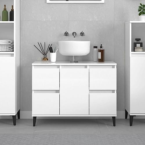Myheimly Waschbeckenunterschrank, Waschtischunterschrank mit Stauraum,Unterschrank Metallbeine für Badezimmer, Badschrank Badezimmerschrank, Holzwerkstoff Hochglanz-Weiß