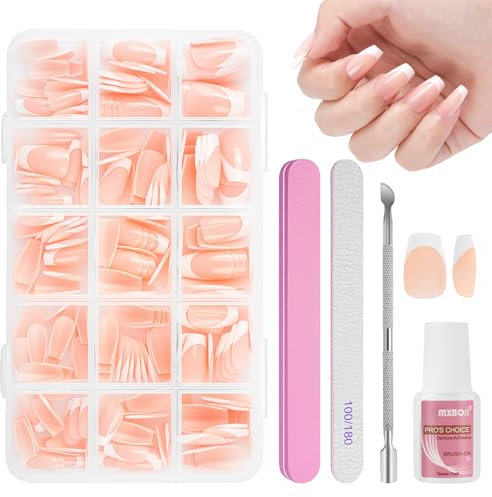 BUTBU French False Nails, 240 Pcs Short Coffin Press on Nails Kit, Full Cover Stick on Nails with Glue, 15 Sizes Nude Color Nail Tips for Women and Girls Manicure Art Salon (Pink)