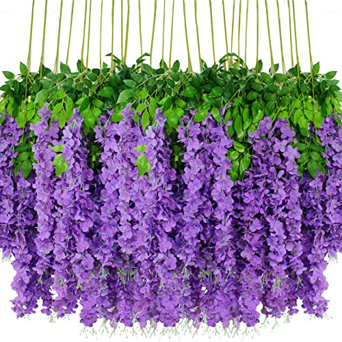 HanYun 6 Stück Künstliche Glyzinien Blumen, künstliche Glyzinie, Fake Wisteria Vine Kunstpflanzen Hängende Girlande, Seidenblumen, Schnur für Zuhause, Party, Hochzeit, Dekoration, (Lila-Dicht)
