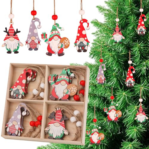 WedDecor 12pcs Christmas Tree Decorations – Wooden Gnome Ornaments, Festive Hanging Pendants & Holiday Ornaments | 4 Designs × 3pcs Scandinavian Gnomes Set for Xmas Tree