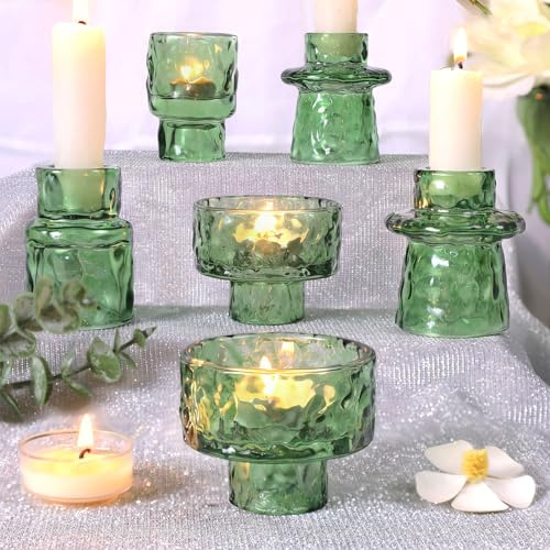6 Packs Taper Candle Holders, Green Glass Candlestick Tealight Holder | Candle Sticks Tea Light Candle Holders for Dinner Wedding Christmas Table Centrepiece