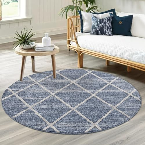 carpet city Teppich Wohnzimmer 160 cm Rund - Blau, Creme - Kurzflorteppich Modern Raute-Muster - Landhaus-Stil - Teppiche für Schlafzimmer, Esszimmer