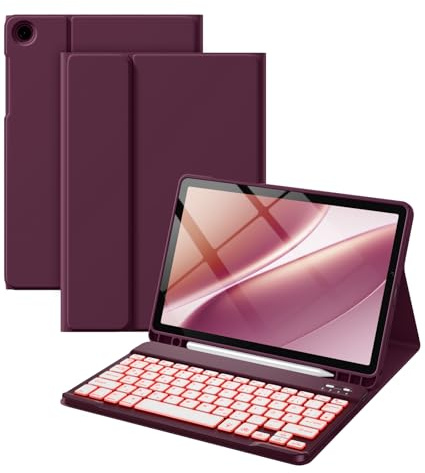 Vobafe Hülle mit Tastatur für Samsung Galaxy Tab A11+ Plus 11 Zoll 2025 | für A9+ Plus 2023, 7 Farben Beleuchtete mit Abnehmbare Tastatur, TPU Rückschale mit Stifthalter, QWERTZ, Dunkelkirsch