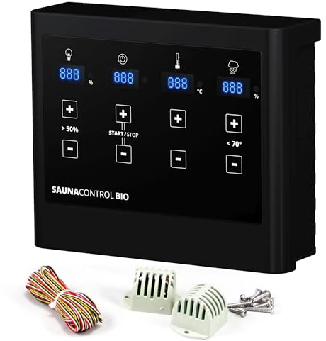 SULENO Saunasteuerung Bio-Saunaöfen, Digitales Steuergerät mit | Touch-Control, Temperatur- und Feuchtigkeitsregelung, 3,5-9 kW, Schwarz, inkl. Sensoren