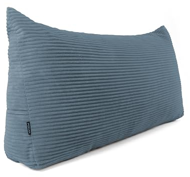 POKAR Rückenkissen | Cord Keilkissen 100x50x20 cm | Lesekissen für Bett und Sofa | Sofakissen für Rückenlehne | Groß Wandkissen Couchkissen mit Seitentaschen | Oeko Tex 100 Zertifiziert | Blau