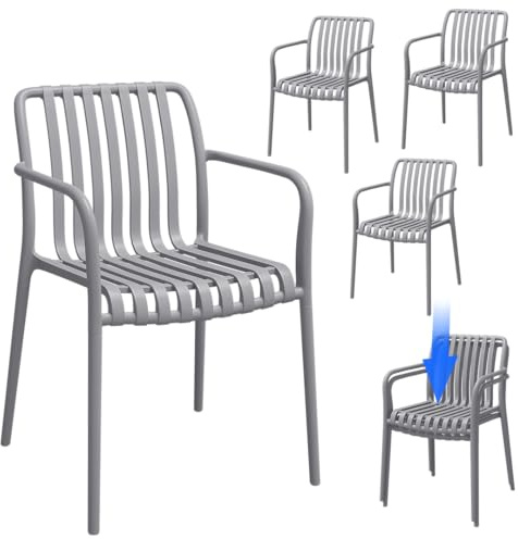 STEELSØN Pincoya Gartenstühle 4er Set, Grau, stapelbar, wetterfest, 120 kg | Outdoor Loungesessel, UV-beständig, Balkonstuhl, Gartensessel aus Kunststoff, Armlehnenstuhl Garten/Balkon, Terrassenstuhl