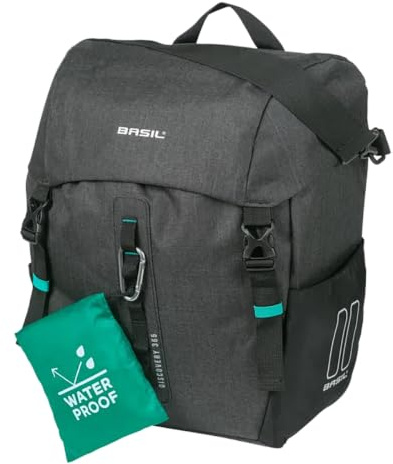 Basil Fahrrad Einzeltasche L MIK Hooks – 20L – Polyester – Außentaschen – Abnehmbarer Schultergurt – Regenschutz – Karabinerhaken – Reflektierend – Schwarz Meliert