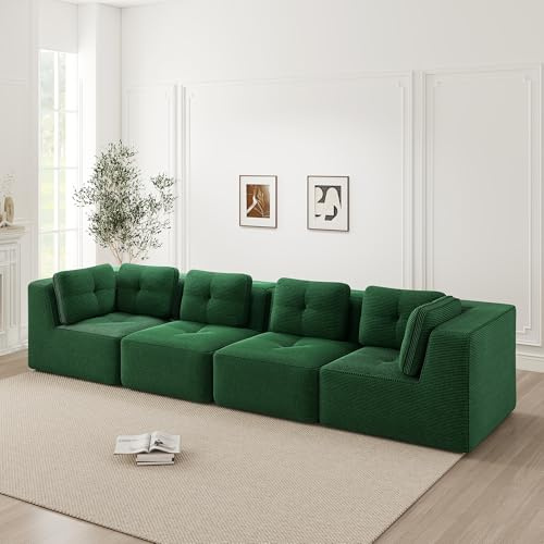 Rvjiahe Modulares Ecksofa ohne Armlehnen, Viersitzer Sofa mit Cordbezug, Tiefe Sitzfläche & Weiche Kissen, Kein Aufbau Erforderlich, Rutschfestes Design Wohnzimmersofa (Grün)