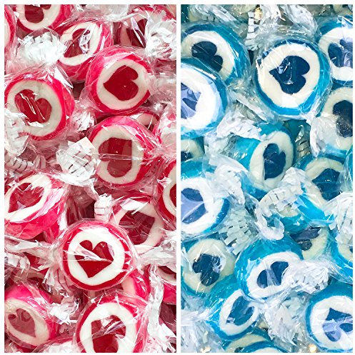 Herzbonbons zu Hochzeit Taufe Kommunion 1000g Großpackung - handgewickelte Rocks-Bonbons mit Herz - Tischdeko, Nascherei, Gastgeschenke zur Hochzeit, Deko, Süßigkeiten - in Rot und Blau