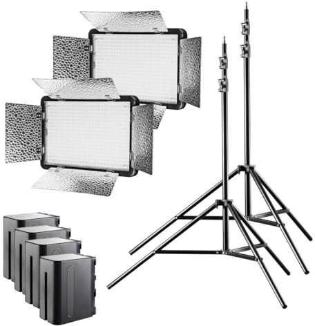 Walimex pro LED 500 Versalight Bi Color Flächenleuchte 2er Set inkl. 2X Lampenstativ & 4X Akku, leistungsstarke Videoleuchte 32 W, Studioleuchte mit Fernbedienung