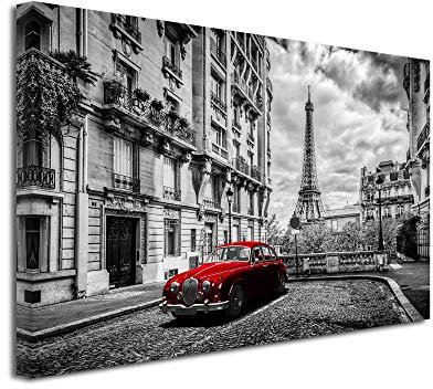 DECLINA Tableau Paris Noir et Blanc et Vieille Voiture - Impression photo ville sur toile décoration murale paysage - Déco maison, cuisine, salon, chambre adulte - Multicouleur 150x100 cm