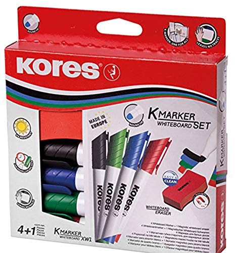 Kores Whiteboard-Marker Set, 4 Marker + Tafellöscher + 10 Magnete sortiert
