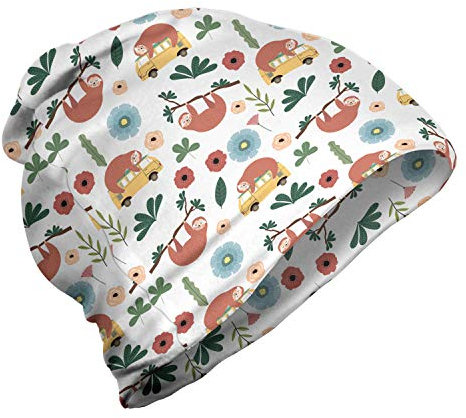 ABAKUHAUS Jungle Nursery Unisex Beanie, Sloth auf Bus AST, Wandern im Freien, Weiß und Multicolor