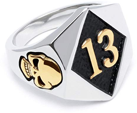 Schmuck-Checker Lucky 13 Ring aus Edelstahl silber & gold Glückszahl Glück Pech Totenkopf Bikerring Bikerschmuck Männer Geschenk (68 (21.6))