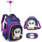 Rucksack Trolley Mädchen Schultaschen Trolley, Grundschule Trolley Rucksack mit Lunch Tasche Federmäppchen 4 in 1 Eule Schultaschen-Sets Ideal für Kinder Schüler der Klassen 1-6