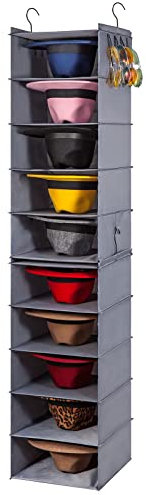 LADYBRO Hutablage für Schrank, Hut-Organizer, 10 Ablagen, Organizer für Fedora, Trilby, Hängeaufbewahrung, Aufhänger für Kappen, Sonnenbrille, Oxford-Stoff, Grau