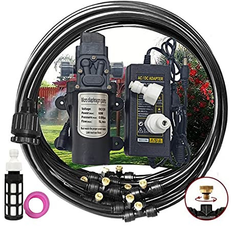 Misting Cooling System Mister Kit with 12V Pump, DIY Outdoor Mist Irrigation Cooling System with 3/4”Adapter and Brass Mist Nozzle, Water Mister for Outdoor Patio Garden Umbrellas Greenhouse