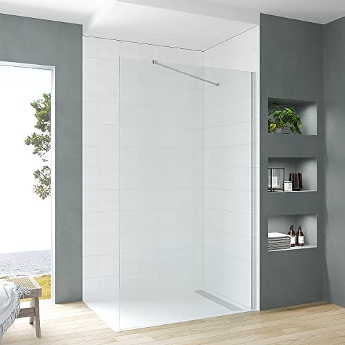 Duschwand Glas 90 cm breit 200 cm hoch Duschabtrennung Walk-in Dusche Duschkabine Duschtrennwand Begehbare Glastrennwand Einscheiben Sicherheitsglas 8 mm klar mit NANO inkl. Stabilisator winkelbar