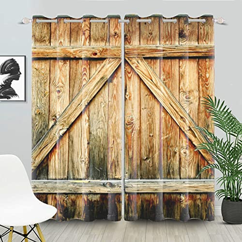 SDOTPMT 107x215cm Rustikal Land Holz Fenstervorhänge Braun Hölzern Scheune Tür Planke Fenstervorhänge Western Bauernhaus Fenster Vorhänge für Schlafzimmer Lichtblockierung Vorhang, 2 Stücke