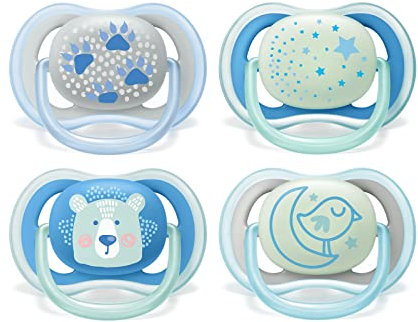 Philips Avent Ultra Air Schnuller – 4er-Pack mit leichten, atmungsaktiven, im Dunkeln leuchtenden Philips Baby-Schnullern, 6 bis 18 Monate (Modell SCF376/15) blau, grau