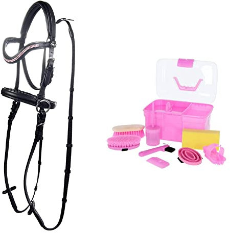 HKM 9209 Gebisslose Trense Funny Horses - Spielzeugtrense Holzpferde Schwarz/Pink, Shetty & Kerbl Putzbox rosa mit Inhalt 8-teilig 321766, Unisize
