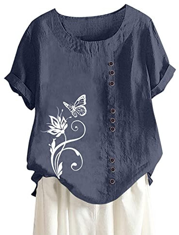 Leinenbluse Damen Sommer,Kurzarm Knopfleiste Weiß Einfarbig Rundhals Baumwoll Leinen Bluse Leinenoberteile Elegant Vintage Langarmshirt Longshirt Mode Lose T Shirt Pullover Tops Sommertops