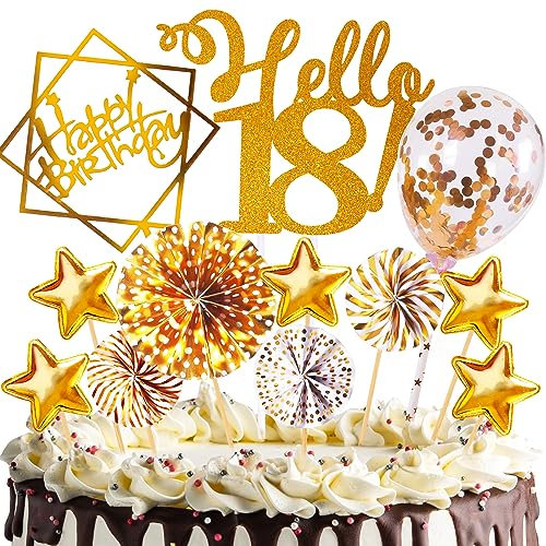 Tortendeko Geburtstag,Happy Birthday 18 jahre Kuchendeko Frauen Männer,18.Cake Topper,Cupcake Topper mit Sternen Konfetti-Luftballons und Papierfächer für 18 Geburtstag