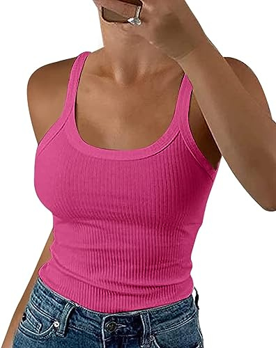 Wenrine Damen Spaghetti Tops Gerippt Camisole Slim Fit Tanktop | Sexy, U-Ausschnitt, Einfarbig, Basic Tank top, Ärmellos Sommer Oberteil, Elegant Träger-Tops