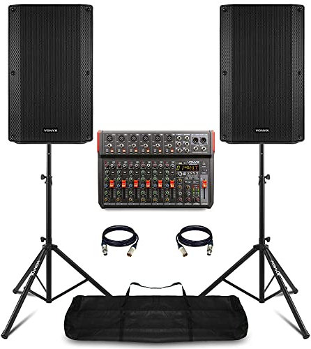 VONYX VSA15 Complete PA System for Band & Church Events - 2x 1000W 15 Active Speakers, VM-KG10 10-Ch Mixer with Bluetooth, DSP Effects & USB Recording, Stands & Cables Included