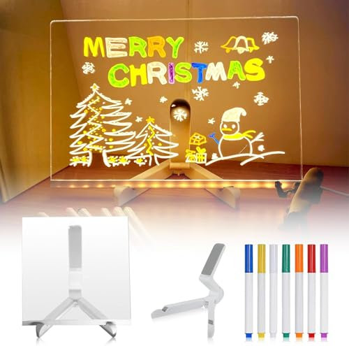 Tablero de notas LED con colores, tablero de mensajes de letras con 7 bolígrafos coloridos y soporte, tablero acrílico de borrado en seco con luz borrable (20 * 20cm)