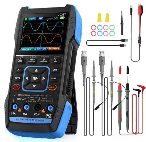 Oscilloscope Multimeter 2 Channel, WapoRich 3 in 1 Handheld Signal Generator Oscilloscope with 10MHz, 50 MSa/s, TRMS 9999 Counts, 7 Signal Waveforms, 32KB Storage Depth, Online Update