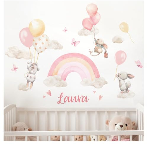 DEKO KINDERZIMMER Wandtattoo personalisiert Regenbogen für Mädchen Babyzimmer Wandsticker mit Wunschname Wandaufkleber Kinderzimmer Wanddeko DK1151-03