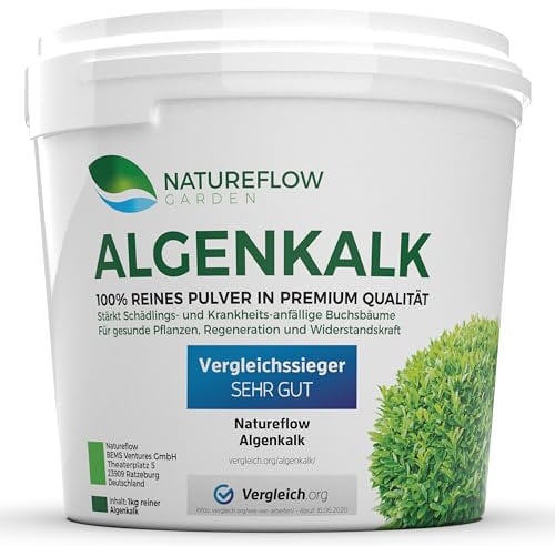 TESTSIEGER Bio Algenkalk für Buchsbäume – Widerstandskraft und Regeneration für anfällige Buchsbäume (Buchsbaumzünsler) - Premium Buchsbaum Dünger und Spritzmittel - Buchsbaumdünger 1kg