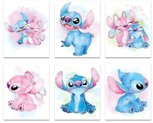 Zstlwyl Lilo & Stitch Poster für Kinderzimmer, Wanddekorationen, Spielzimmer, Kinderzimmer, Dekoration, 6 Stück (20,3 x 25,4 cm), ungerahmt, Cartoon-Anime-Kunstgemälde, Poster