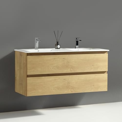Alpenberger Waschtisch mit Unterschrank 120 cm Breit | Badezimmerschrank Badezimmermöbel Doppelwaschbecken | Waschbeckenunterschrank mit Waschbecken | Doppelwaschtisch (Vivento 120 Eiche Natur)