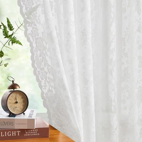 Abstractex White Lace Net Sheer Curtains 90 Inches Long Floral Leaf Knitted Vintage Light Filtering Embroidery Elegant Window Treatment for Girls Bedroom Living Room, Rod Pocket 58 W 2 Panels