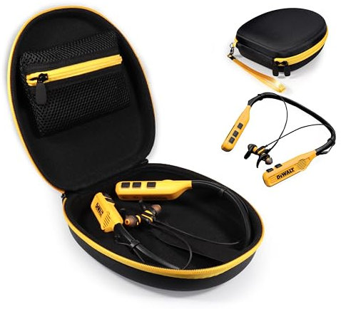 CaseSack Schutzhülle kompatibel mit Dewalt Nackenbügel-Kopfhörern und 2-in-1-Kopfhörern mit Nackenbügel mit integrierten Lautsprechern (Schwarz mit gelbem Reißverschluss)