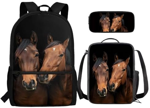 Howilath Horse Backpack for Girls with Lunch Box 3 in 1 School Bag and Lunch Bag for Primary Middle School Kids Bookbag/Lunchbox/Pencil Case
