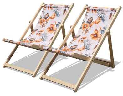 FRANKYSTAR Themse - Set mit 2 Liegestühlen aus Massivholz und Textilene - tropical