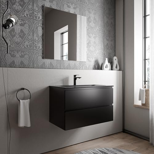Bernstein Badmöbel-Set AVA 80cm bestehend aus Mineralguss-Waschbecken mit Unterschrank in Schwarz matt, Waschtisch Bruxelles - Schwarz matt mit Hahnloch, Ideal für mittelgroße Bäder und Badezimmer
