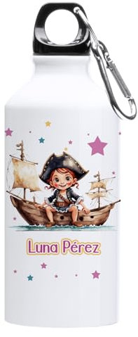 Kembilove Cantimplora infantil personalizada – botella de agua niños - Botella agua niños colegio - Termo bebe - Regalos niños para la vuelta al cole - Botella personalizada 400 ML - Niña Pirata