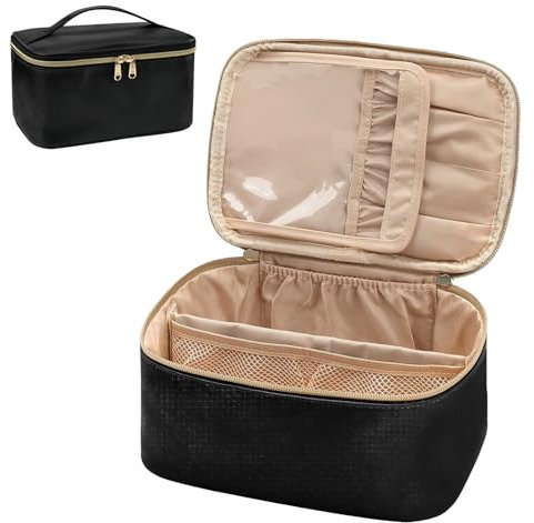 Trousse per cosmetici da donna, grande, da viaggio, portatile, con divisore e maniglia, Nero, Organizer per trucchi