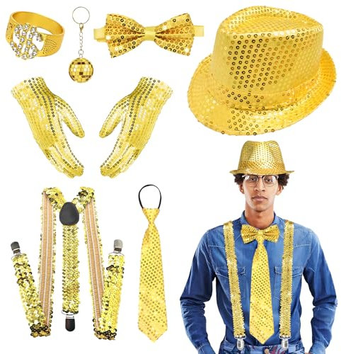 RoserRose 70er 80er Jahre Glitzer Accessoires Herren, Disco Kostüm Mit Pailletten Hut, Hosenträger, Fliege, Krawatte, Pailletten Outfit für Fasching Party