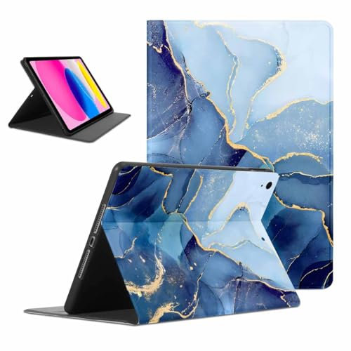 Kueqeay Coque pour Apple iPad (2022) 10.9, Aesthetic Marbre Motif Design Housse de Protection Léger avec Support Fonction Ultra-Mince PU Transparent Étui à Rabat, Bleu