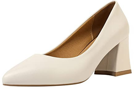 Scarpe da donna britanniche in pelle tinta unita a punta spessa tacco alto casual scarpe indiane da donna, Beige, 37.5 EU